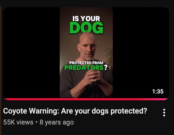Pet Playgrounds video 'Coyote Warning: Are your dogs protected?' showing 55K views